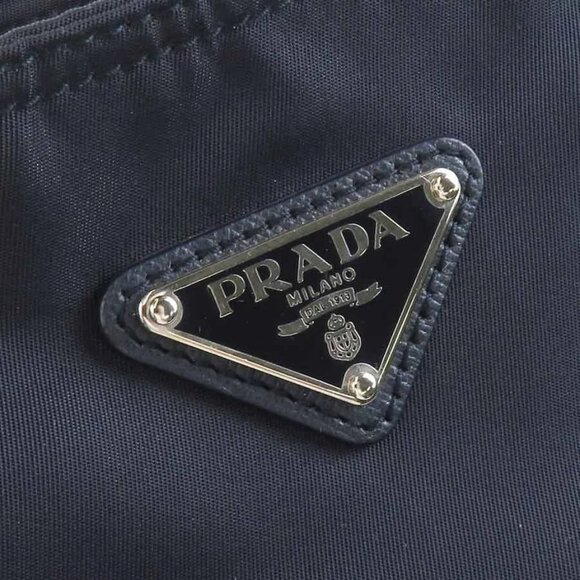 Auth PRADA Logo Handbag Shoulder Bag Navy Nylon/Leather/Silvertone - Picture 12 of 14